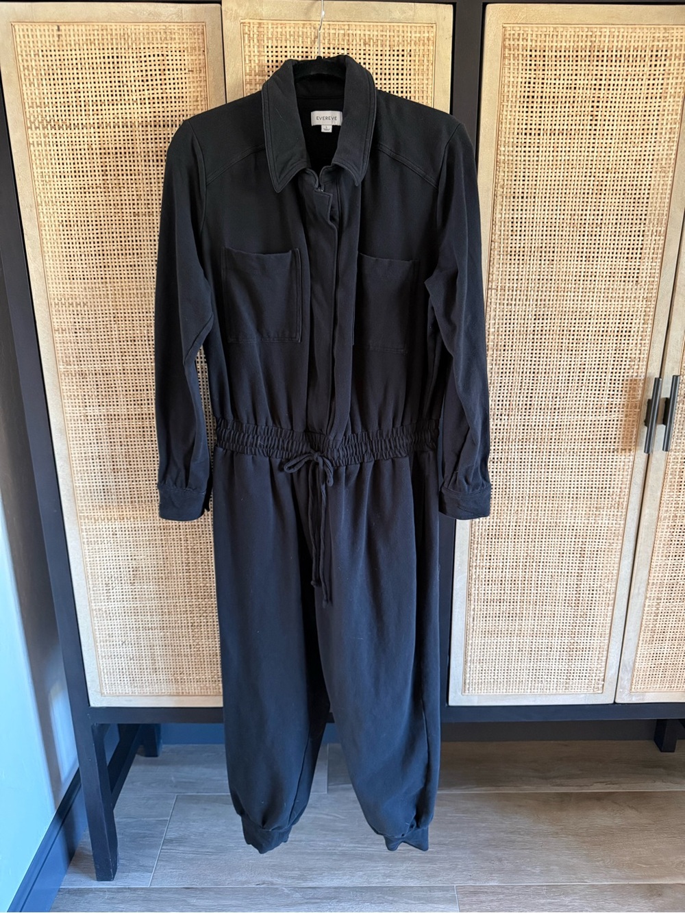 Evereve Black Long-Sleeve Utility Jumpsuit with Drawstring Waist